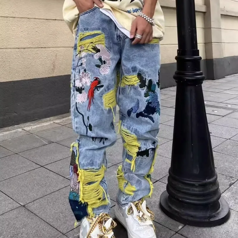 Street Fashion In Japanese - Jeans dilapidati con ricamo hip-hop vintage
