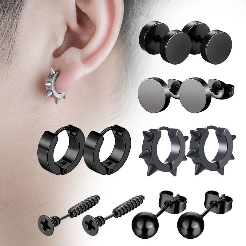 Street Fashion Earrings - 6 Paia Orecchini Unisex Neri Set